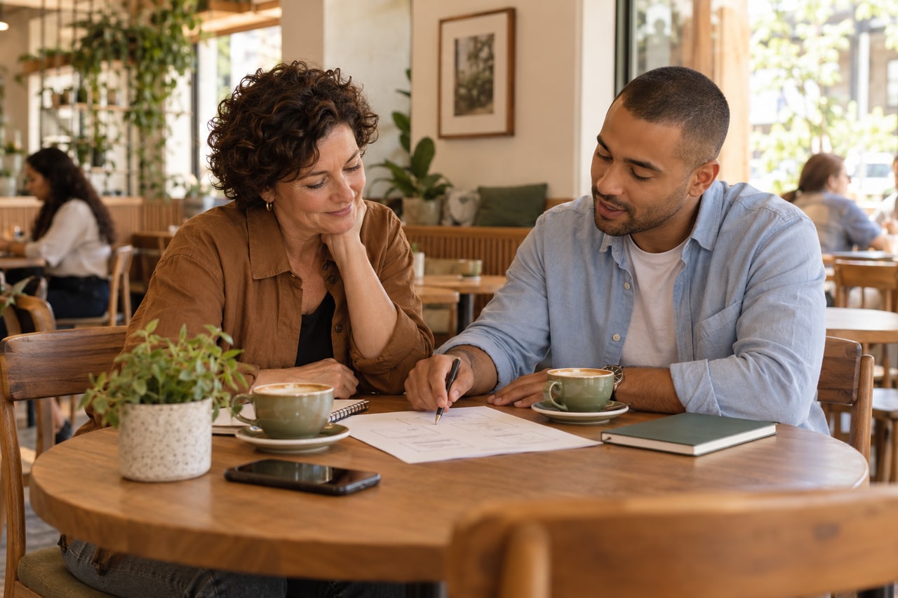 A café owner and marketing adviser working through a campaign idea together